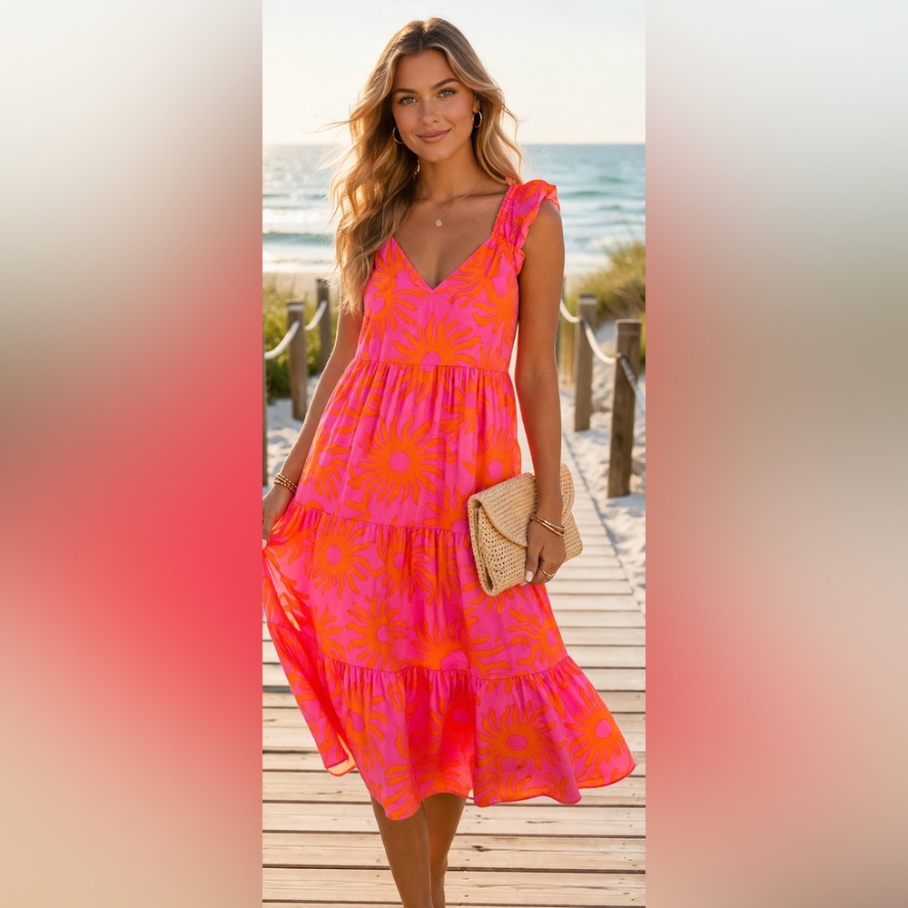 J. Marie Sun Print Tiered Midi Dress NWT Pink Orange Ruffle Summer Dress Size L